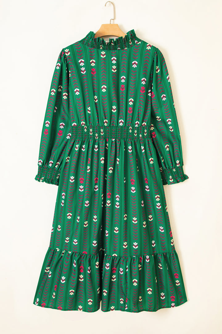 Green Floral Print V Neck Long Sleeve Shift Plus Size Dress