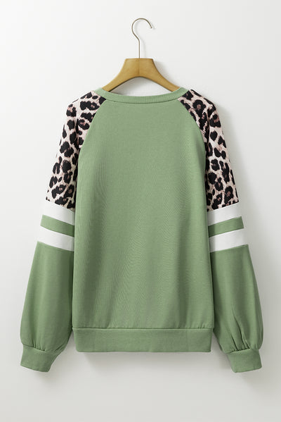 Grass Green Leopard Print Colorblock Raglan Sleeve Sweatshirt