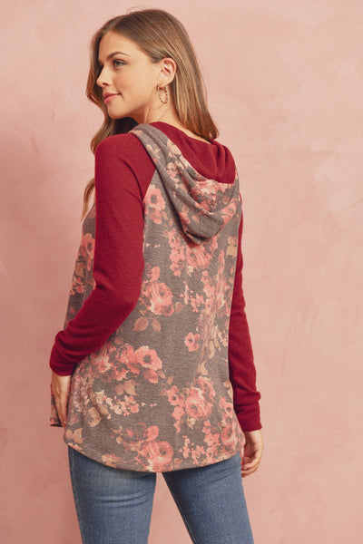 Floral Hacci Sleeved Contrast Hoodie With Drawstrings