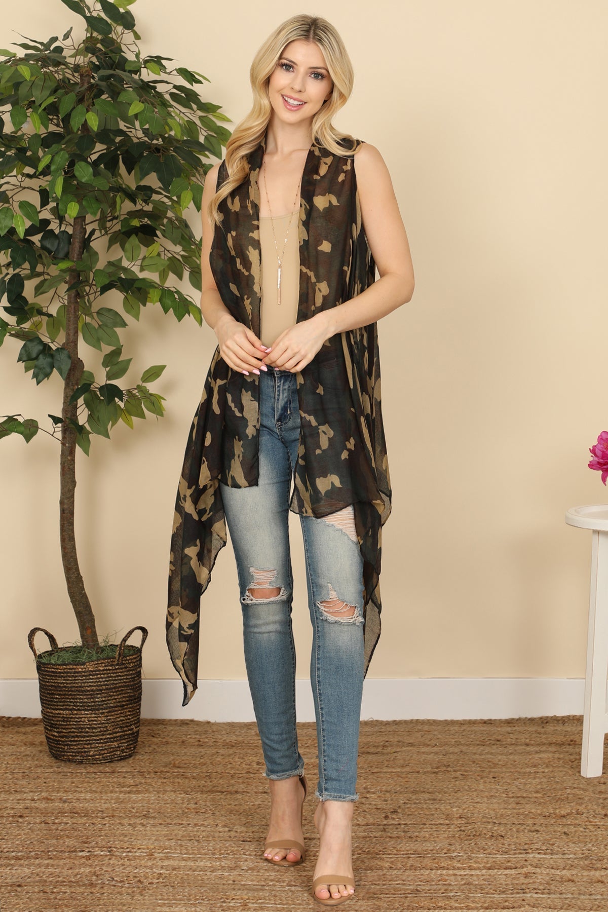 Hdf3083 - Knee Length Camouflage Open Front Kimono Vest