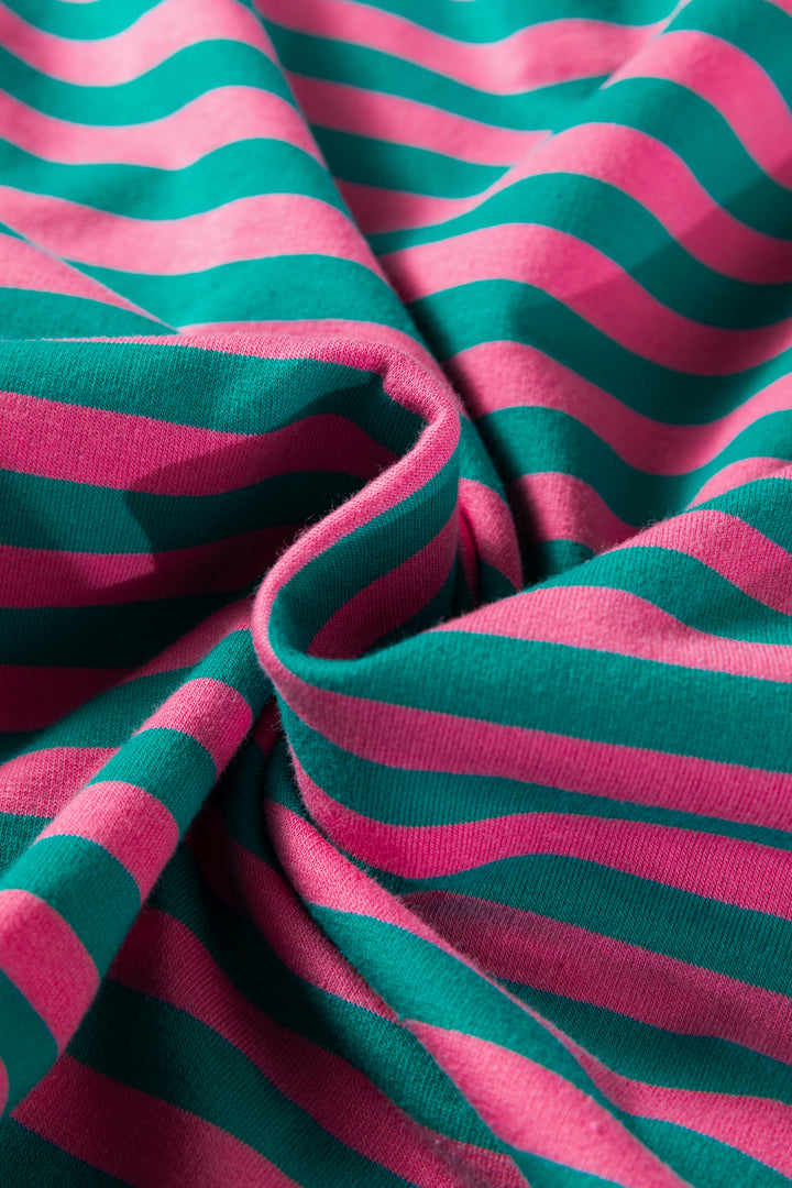 Sachet Pink Striped Print Drop Shoulder Lace Trim Bracelet Sleeve Loose Top