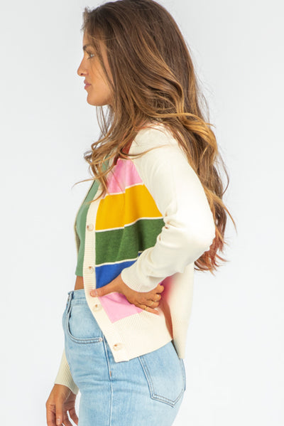 White Stripe Colorful Pattern Button Front Sweater Cardigan