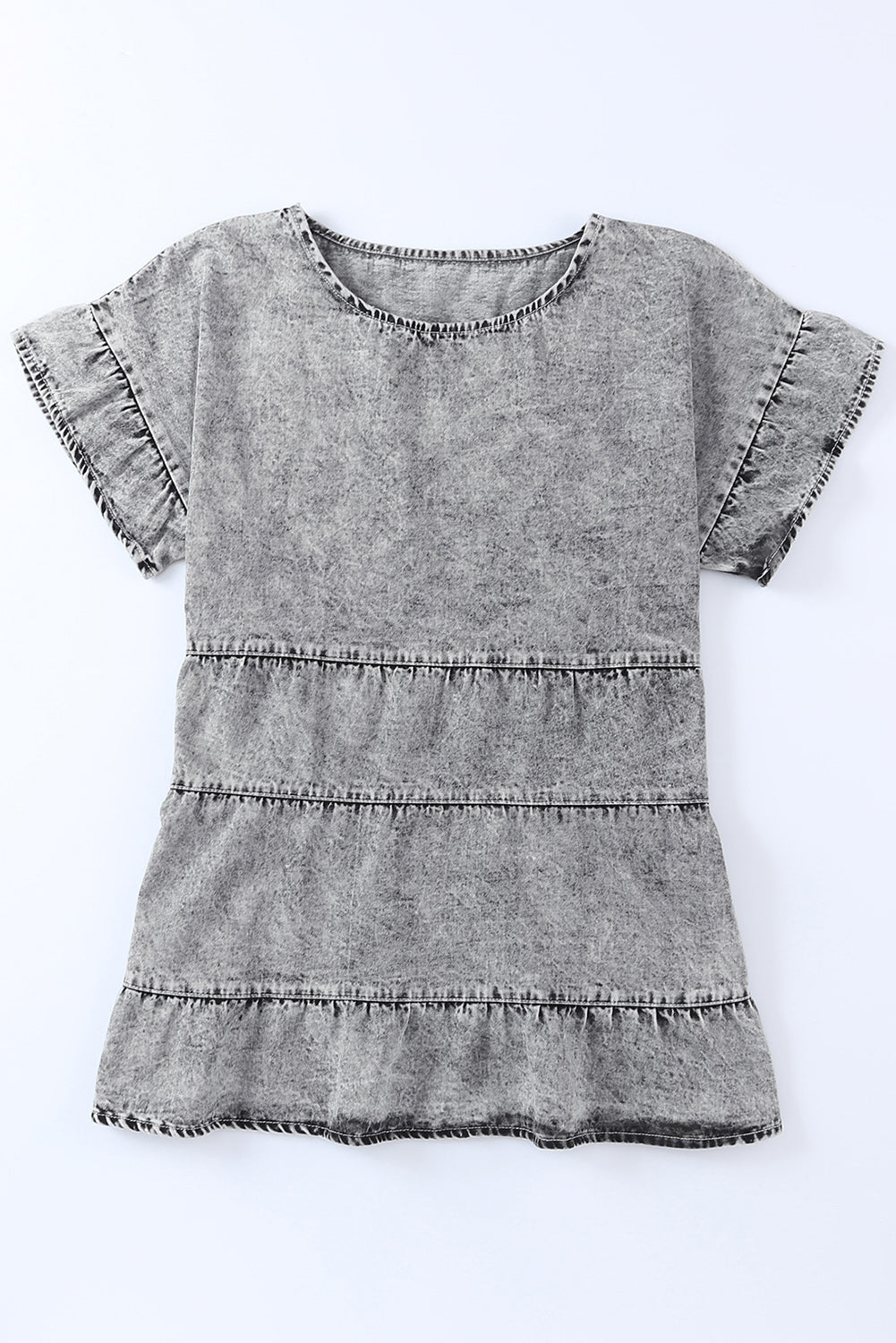 Gray Flutter Sleeves Tiered Denim Top