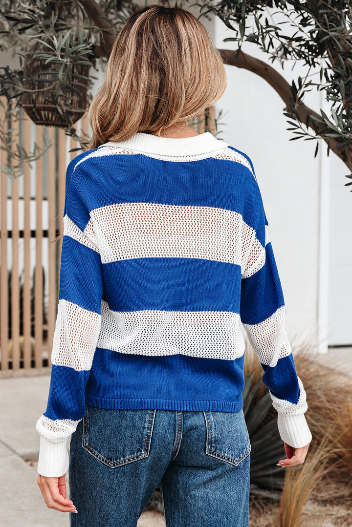 Genevieve Stripe Collar Eyelet Crochet Knitted Sweater
