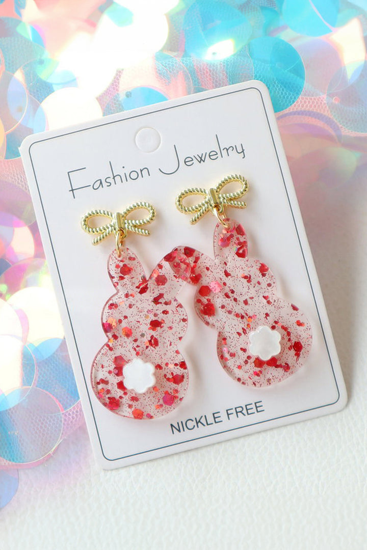 Fiery Red Clear Easter Bunny Bowknot Studded Earrings
