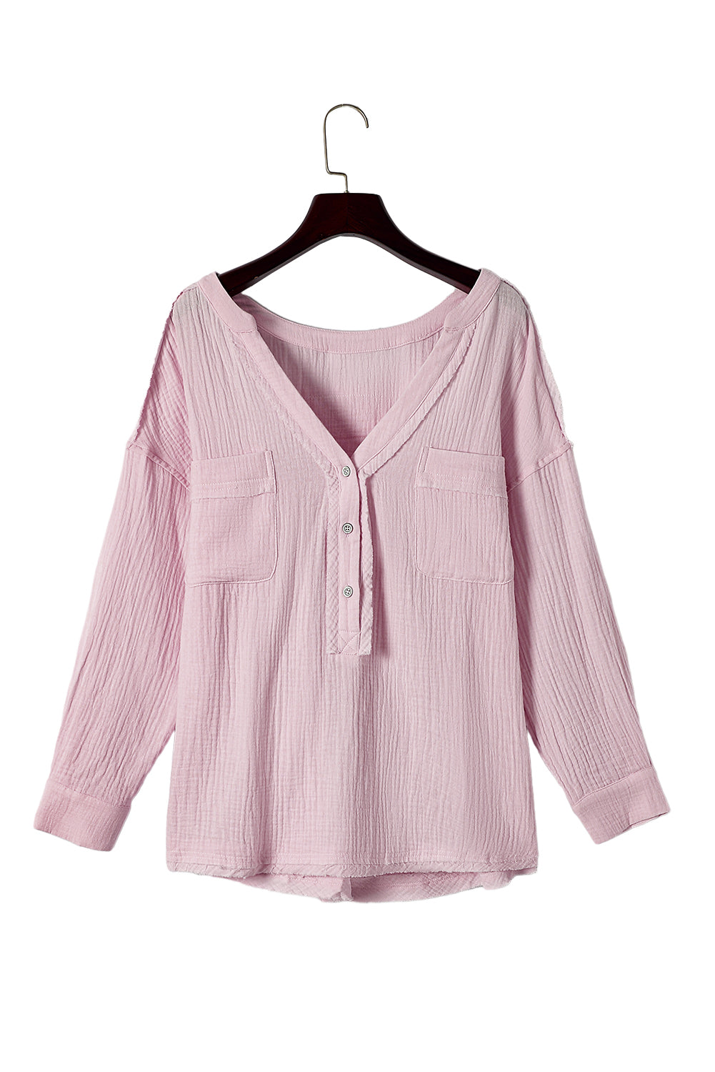 Pink Crinkle Long Sleeve Distressed Split Henley Top