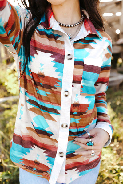 Multicolor Aztec Print Buttoned Pocket Chest Long Sleeve Shirt