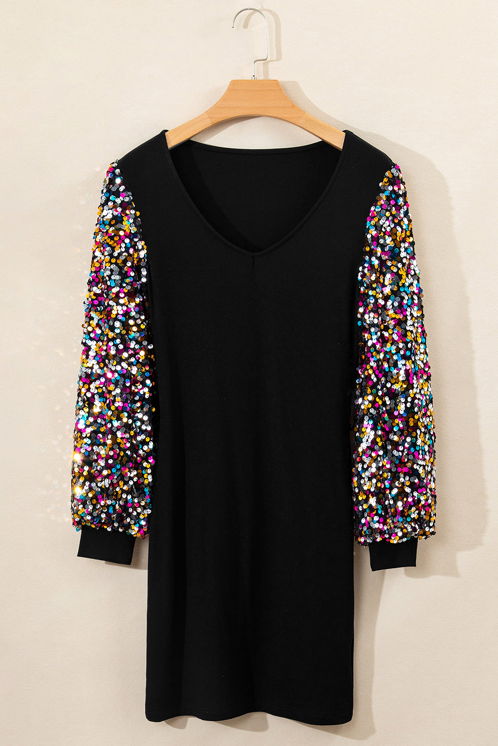 Black Sequin Bishop Sleeve U Neck Mini Sweater Dress