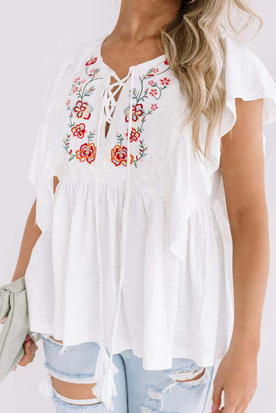 White Floral Embroidered Ruffled Lace-up V Neck Top