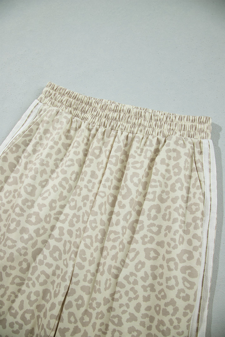 Gray Leopard Print Varsity Striped Detail 3/4 Sleeve Top Shift Pant Set