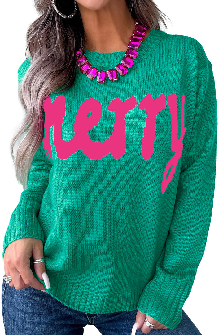 Bright Green Merry Print Ribbed Trim Round Neck Loose Fit Sweater