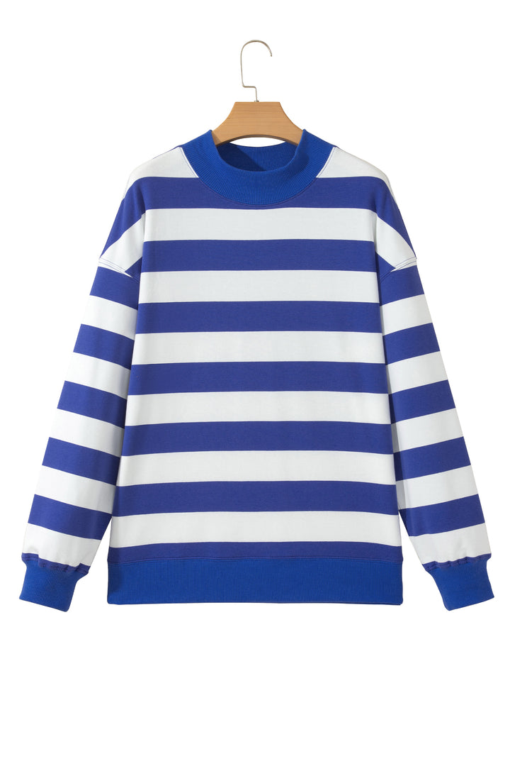 Blue Stripe Colorblock Mock Neck Relaxed Sweatshirt
