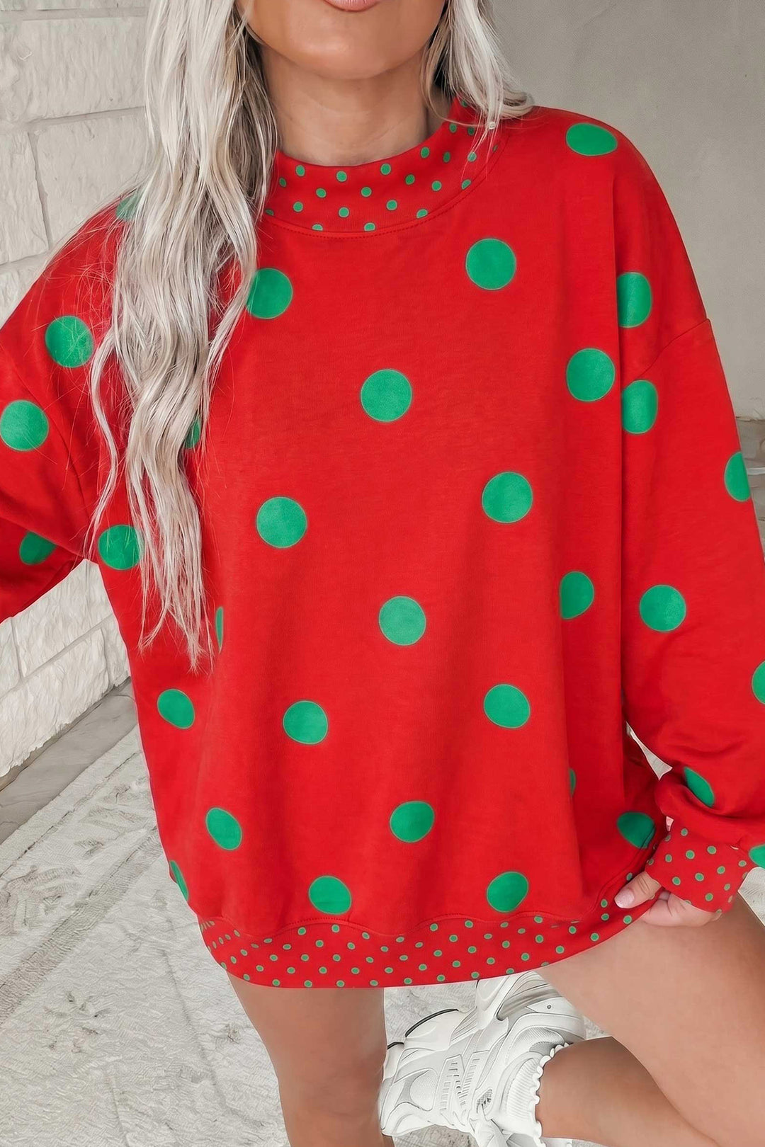Pink Polka Dot Print Contrast Detail Oversized Tunic Sweatshirt