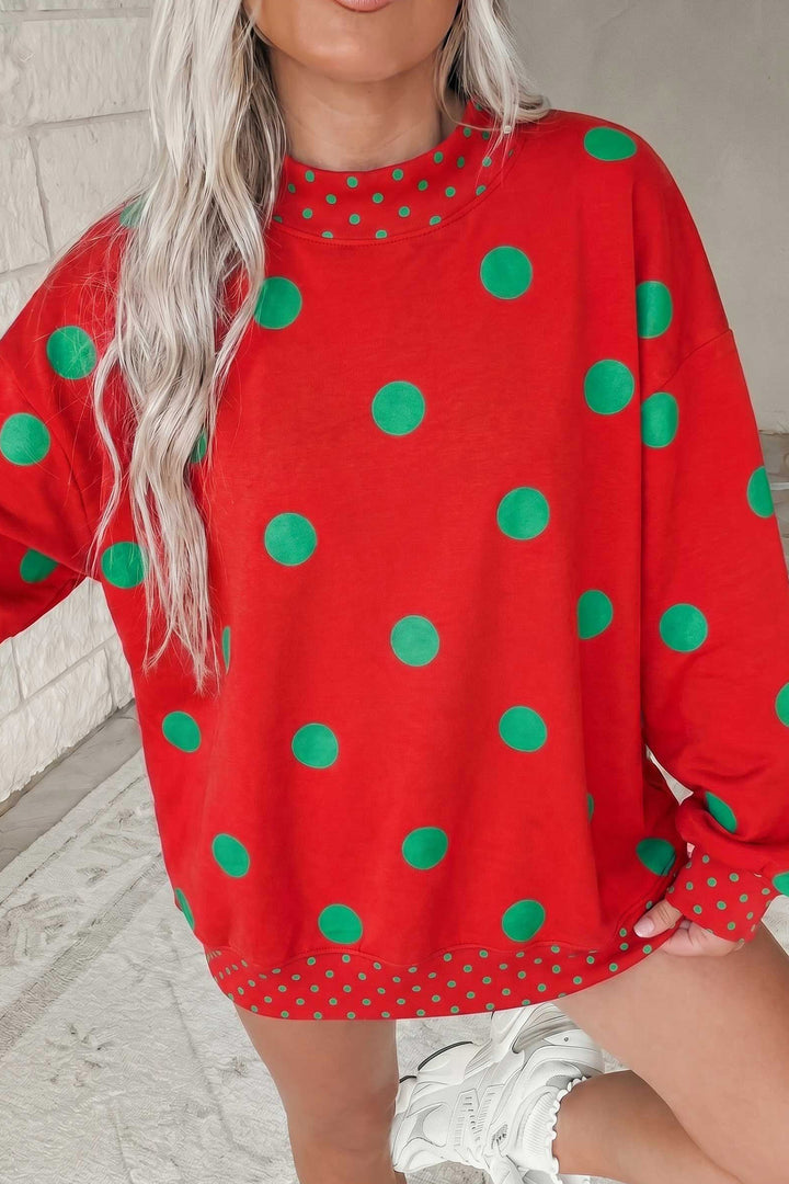 Pink Polka Dot Print Contrast Detail Oversized Tunic Sweatshirt