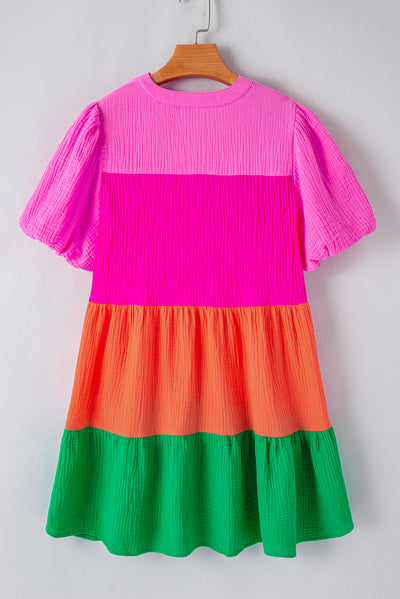 Multicolor Color Block Tiered Puff Sleeve Dress