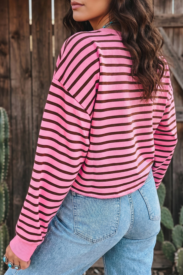 Pink Stripe V Neck Long Sleeve Drop Shoulder Blouse