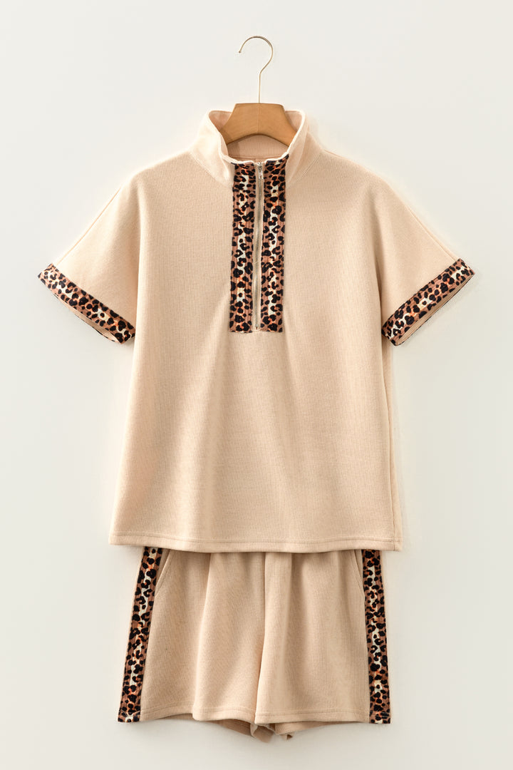 Parchment Leopard Trim Zipped Short Sleeve Casual Set