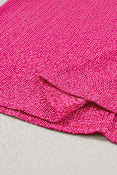 Bright Pink Crinkled V Neck Wide Sleeve T-shirt