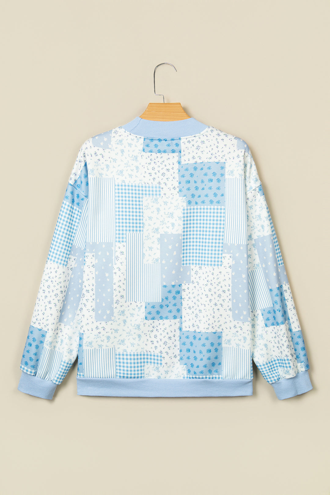 Sky Blue Patchwork Floral Print Mock Neck Long Sleeve Sweatshirt