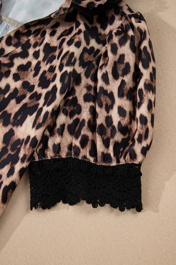 Brown Leopard Print Button Down Lace Trim Short Sleeve Shirt