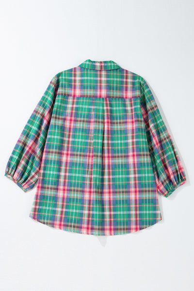 Green Checkered 3/4 Sleeve Collared Loose Fit Shirt