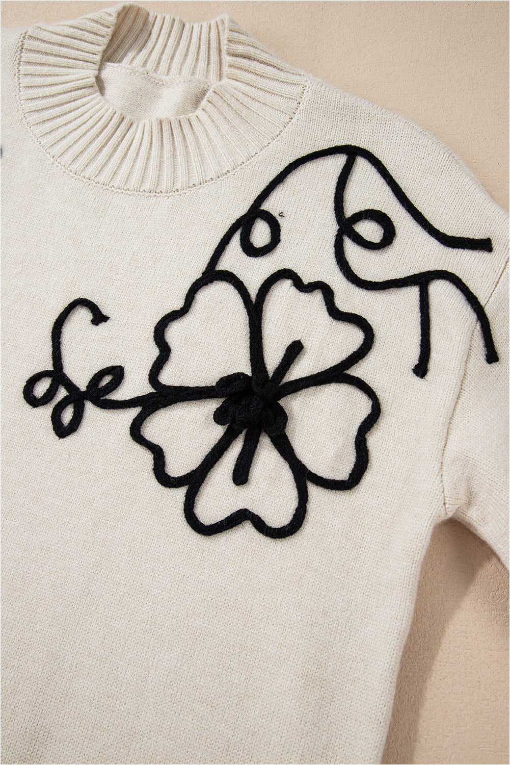 Beige Flower Stitching Mock Neck Sweater