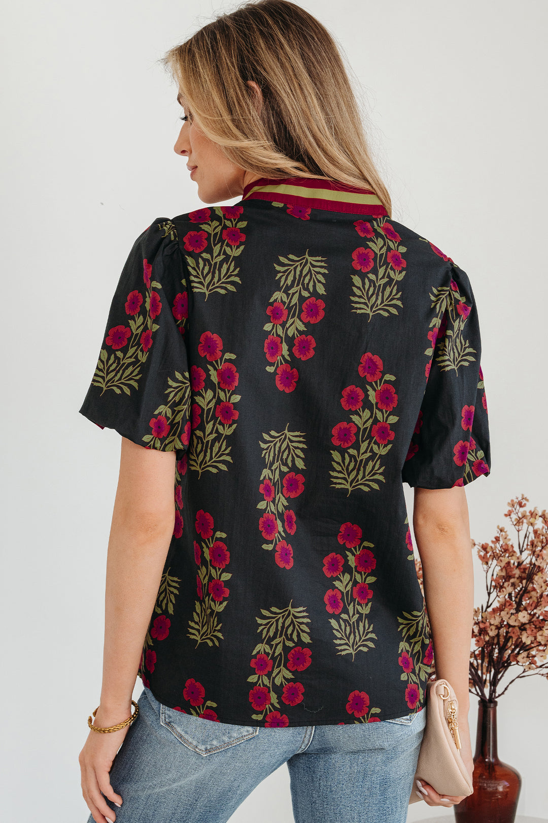 Black Floral Short Bubble Sleeve Contrast Slit Neckline Blouse