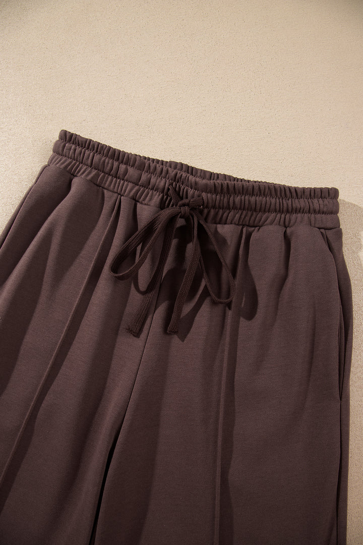 Coffee Solid Color Piping Trim Mock Neck Pullover Drawstring Pants Set