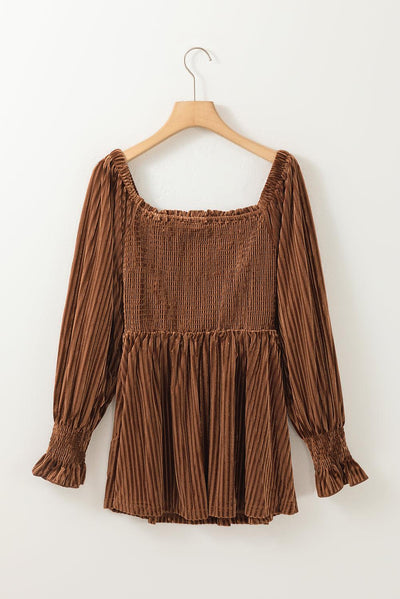 Chestnut Smocked Ribbed Velvet Babydoll Top