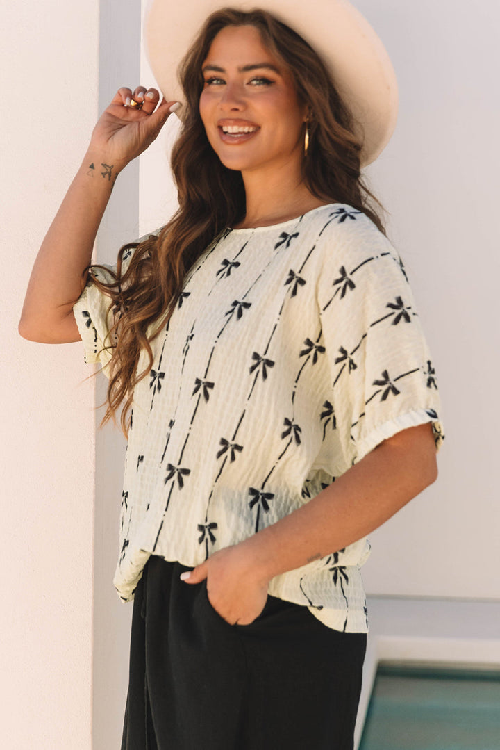 Aviana Bow Print Puff Short Sleeve Top