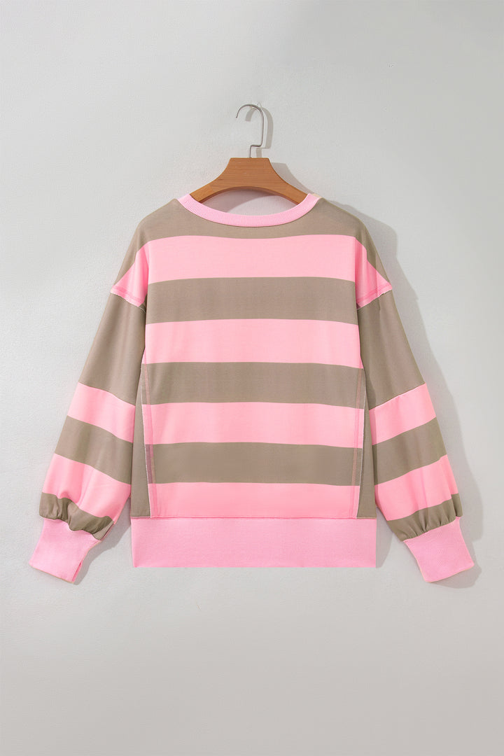 Pink Stripe Raw Seam Patchwork Drop Shoulder Plus Size Sweatshirt