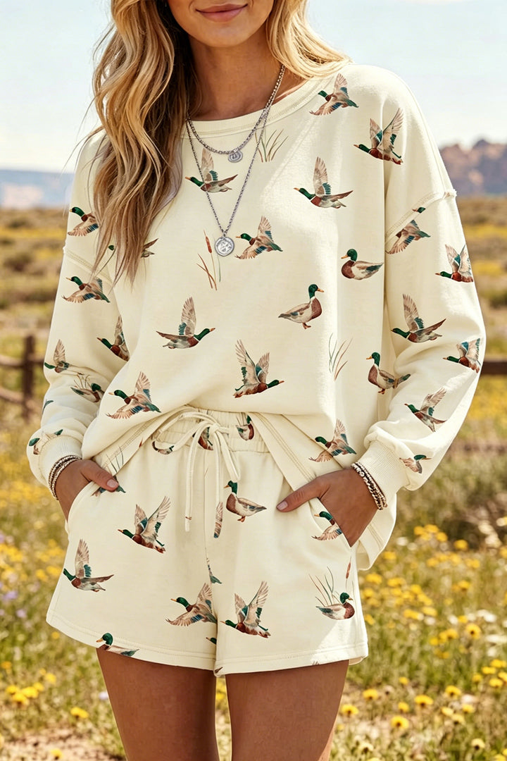Beige Free Mallard Print Long Sleeve Top Drawstring Short Set