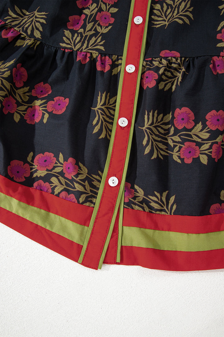 Black Retro Floral Print Button Down Belted Short Puff Sleeve Mini Dress