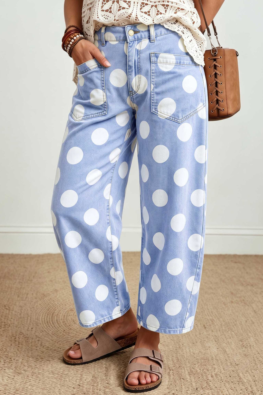 Brown Polka Dot Ankle-Length Barrel Jeans