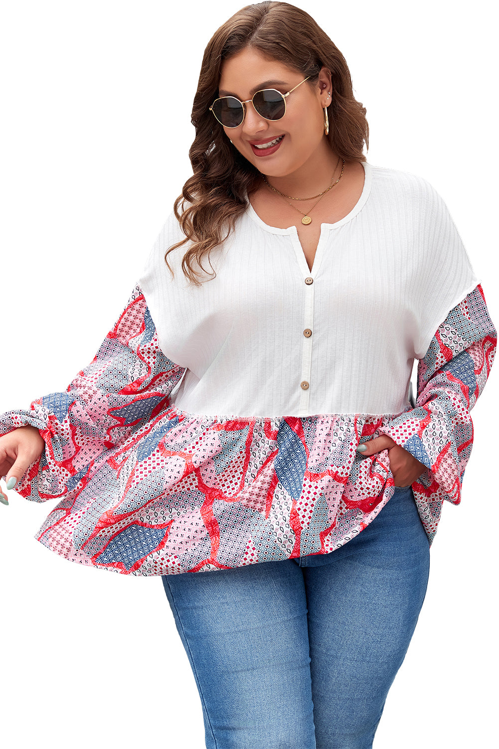 Apricot Plus Size Printed Patchwork Textured Buttoned Blouse