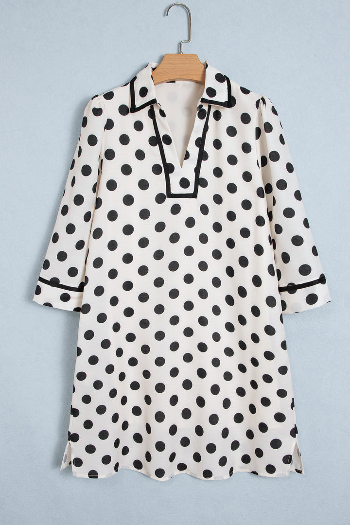 White Polka Dot Half Sleeve Collar V Neck Pocketed Casual Mini Dress