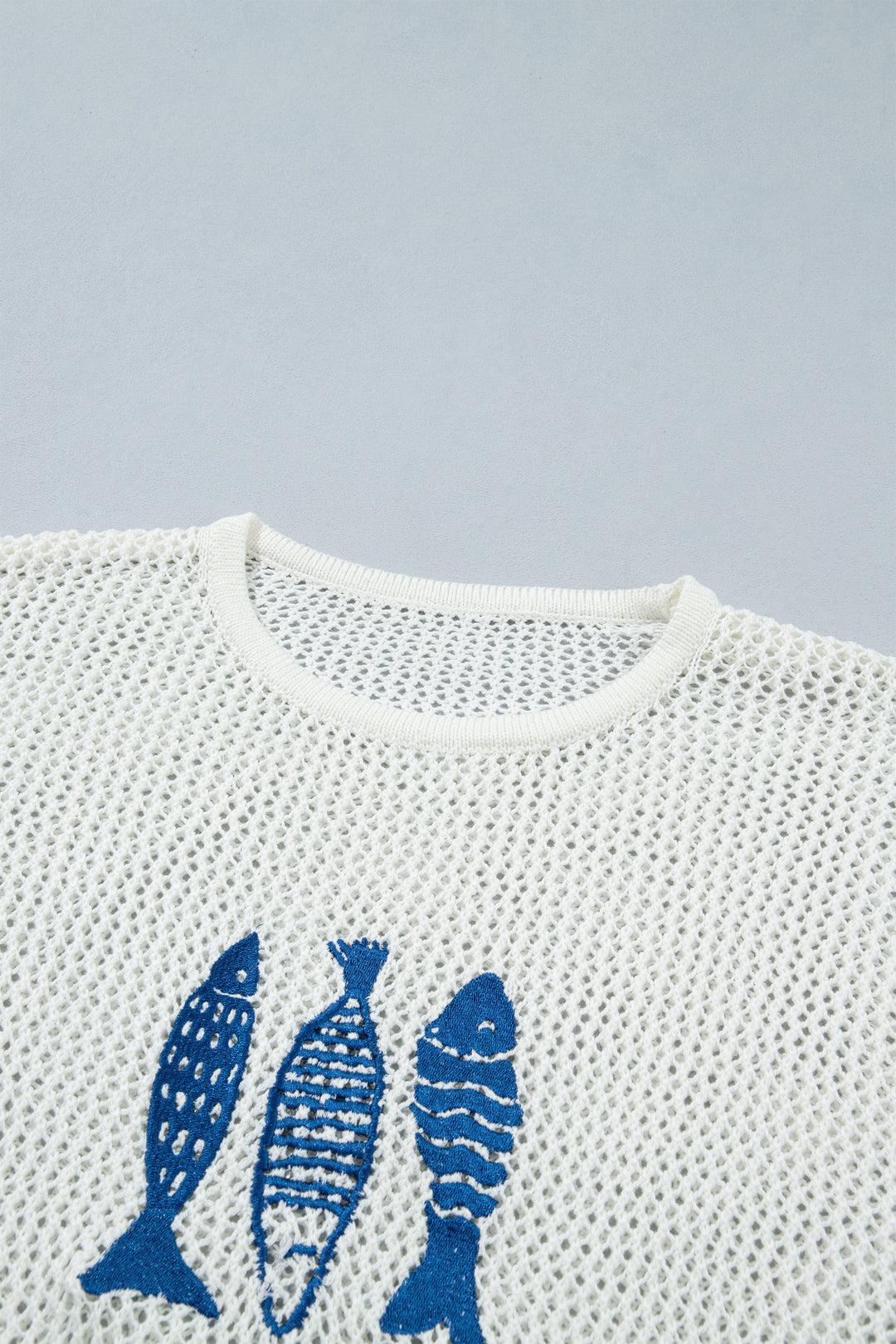 White Open Knit Fish Embroidered Casual Sweater