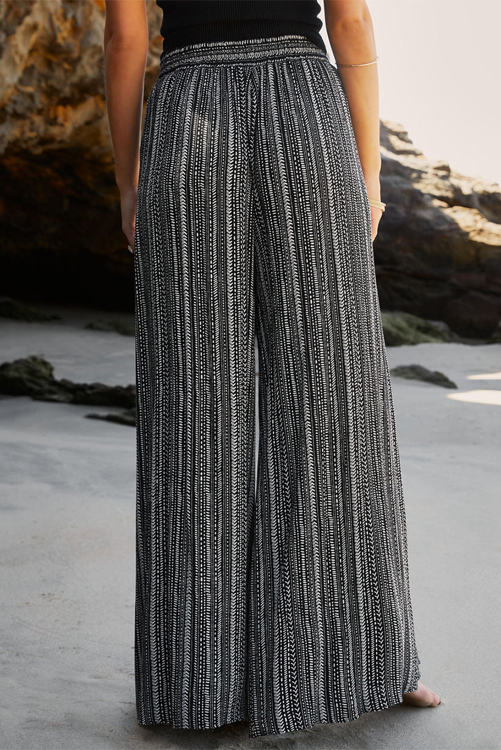 Black Printed Striped Printed Slit Wide Leg High Waist Pants