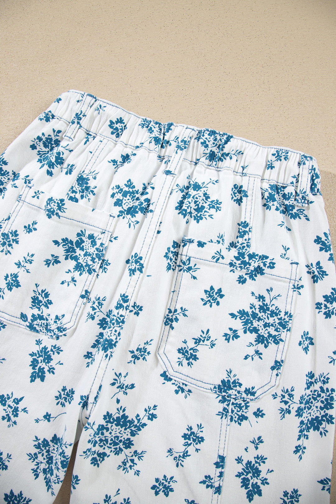Sky Blue Floral Print Tie Waist Straight Leg Jeans