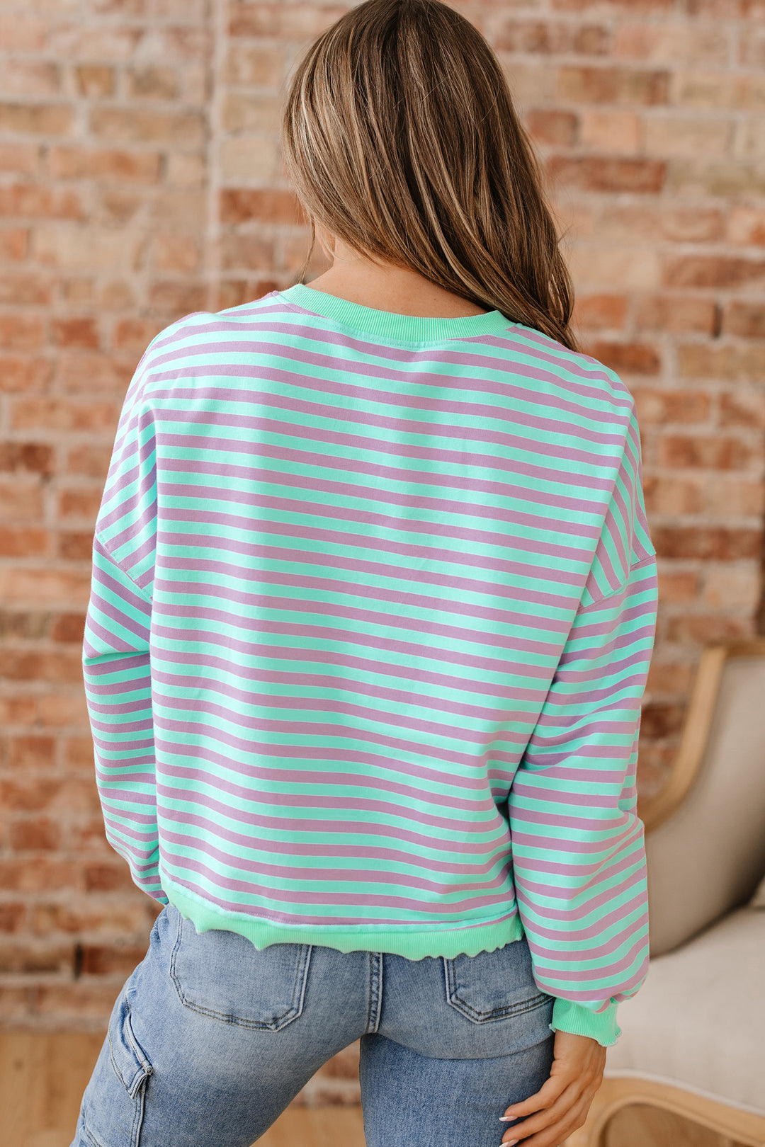 Red Stripe Exposed Seam Contrast Ribbed Trim Oversize Sweatshirt