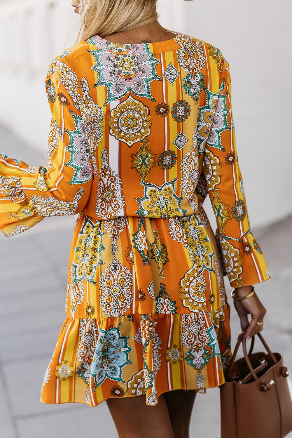 Orange Boho Geometric Print Buttoned V Neck Mini Dress