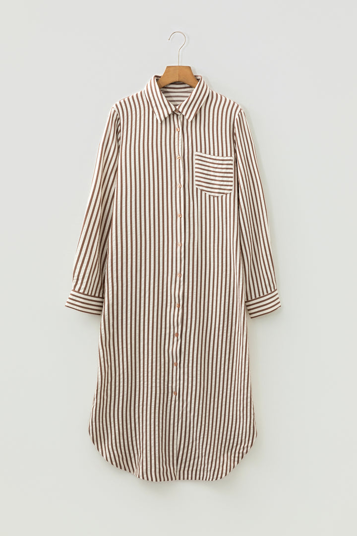 Brown Stripe Textured 3/4 Sleeve Round Hem Split Midi Shirt Dress
