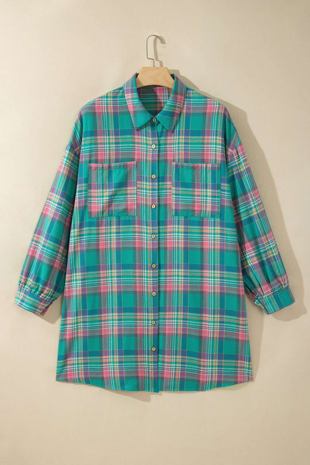 Green Plaid Button-Up Shift Long Sleeve V Neck Plus Size Dress