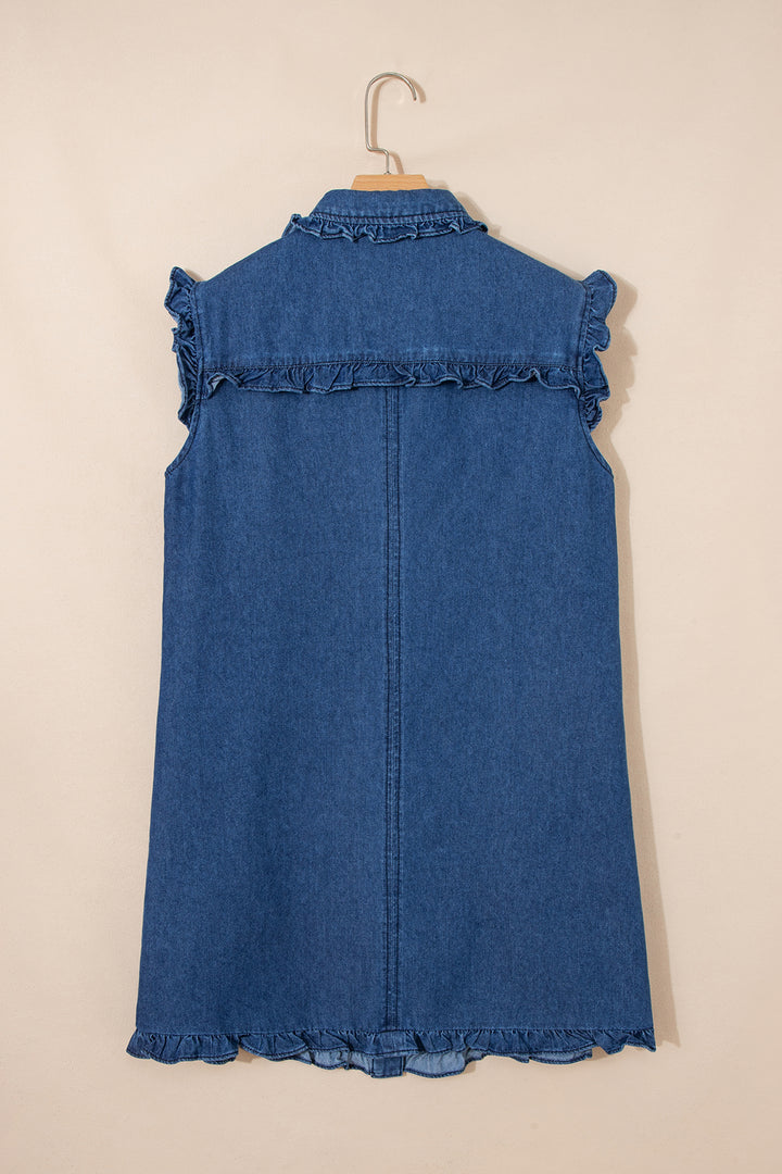 Sail Blue Ruffled Edge Collared Shift Denim Dress with Pockets