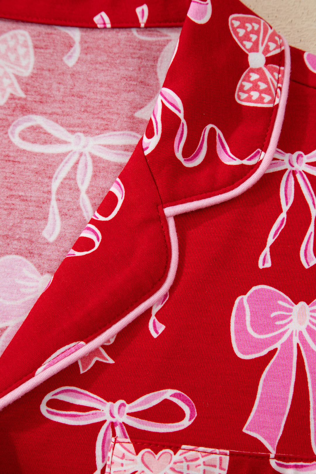 Red Sweet Bow Print Shirt Style Top Long 2pcs Pajama Set