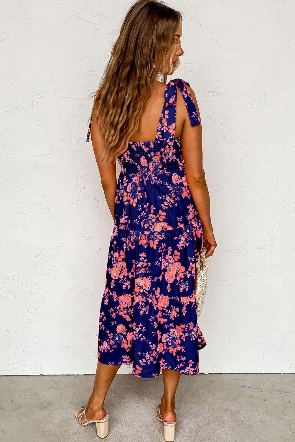 Blue Tie Shoulder Straps Tiered Floral Dress