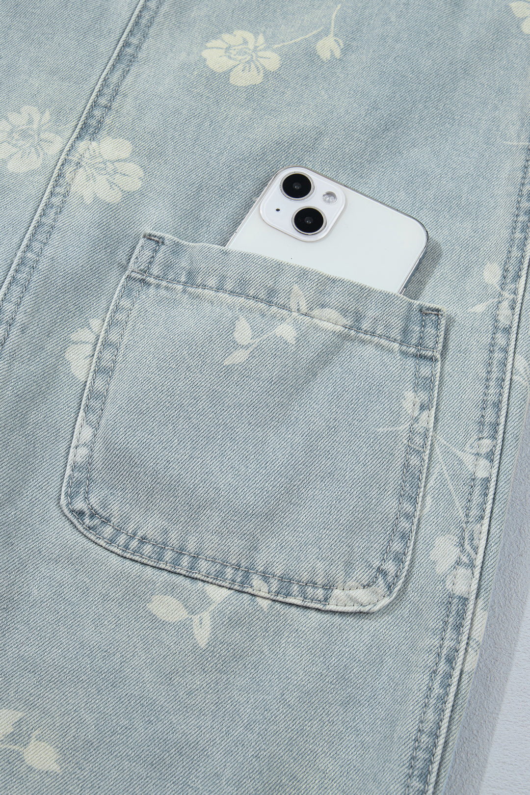 Sky Blue Retro Wash Denim Floral Print Overall Mini Dress