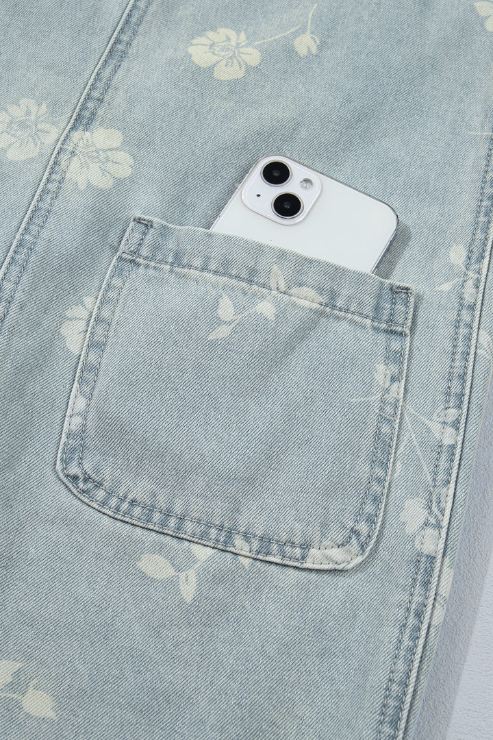 Sky Blue Retro Wash Denim Floral Print Overall Mini Dress
