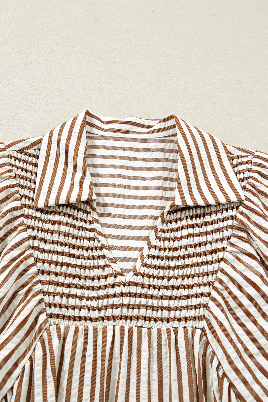 Brown Stripe Shirred V Neck Short Puff Sleeve Blouse