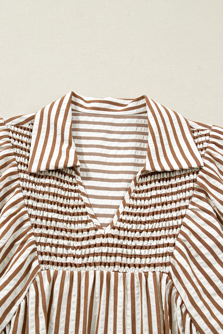 Brown Stripe Shirred V Neck Short Puff Sleeve Blouse